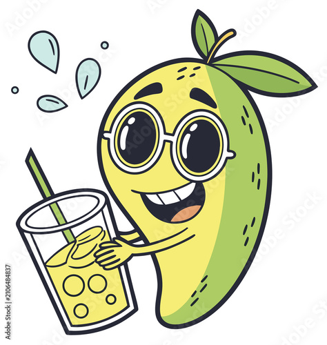 Cute cartoon mango holding a glass of water.