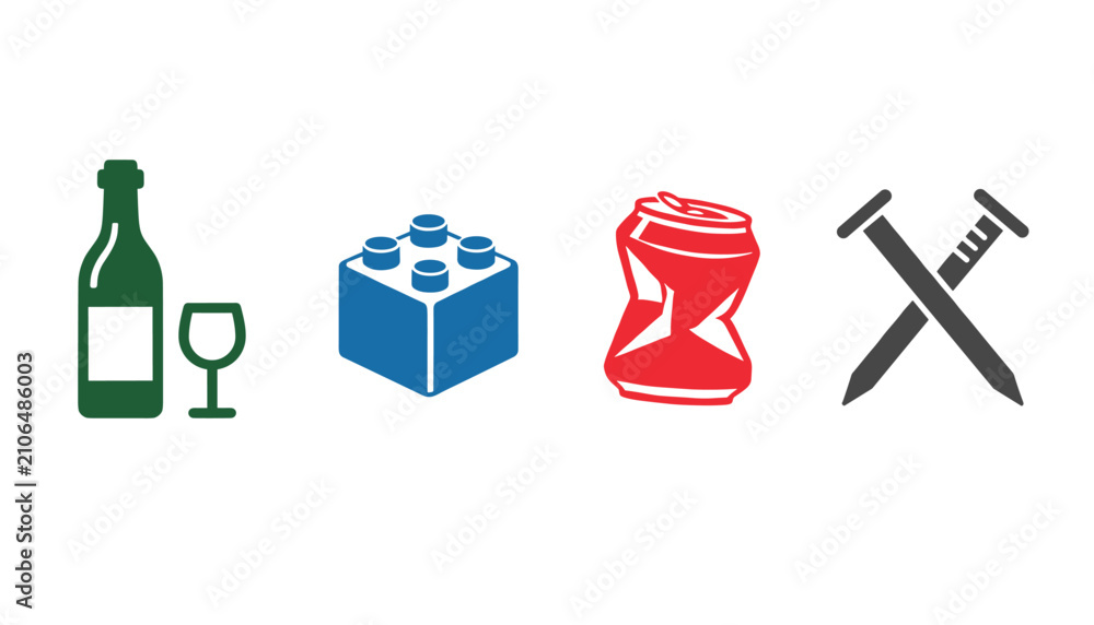 Fototapeta premium Set of waste sorting material icons including a wine bottle, plastic toy block, aluminum can, and metal nails.
