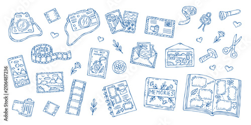 Photography and scrapbook outline cliparts set. Vector objects in a doodle style isolated on a white background.