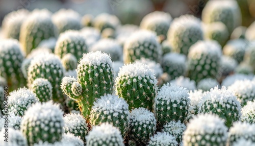 Cluster of small, round cacti covered in a white, crystalline substance resembling frost or snow