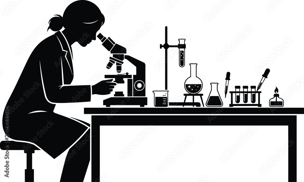 Fototapeta premium Black silhouette of a scientist woman looking through a microscope in a laboratory, chemistry research, science experiment icon design.