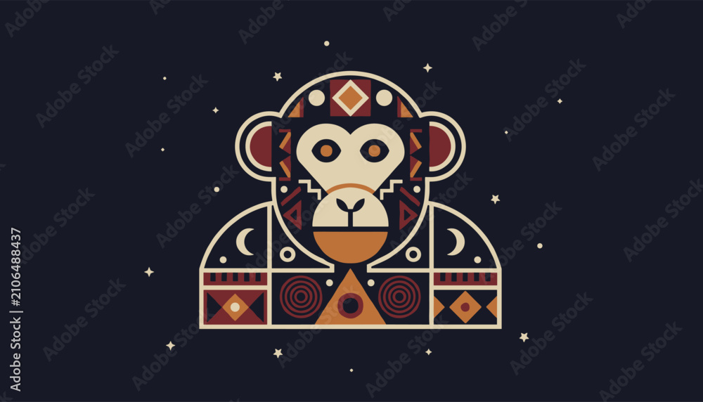 Naklejka premium Tribal geometric style portrait of a monkey head in red, gold, and white colors against a dark starry sky.