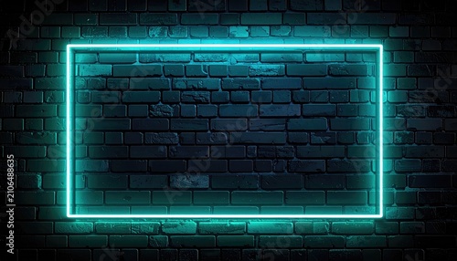 Aqua neon rectangle highlights a dark brick wall. Evokes urban mood and electric energy