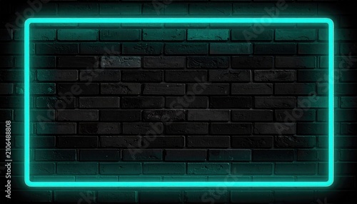 Teal glowing rectangle on dark brick wall background, for digital design elements and overlay effects, with depth