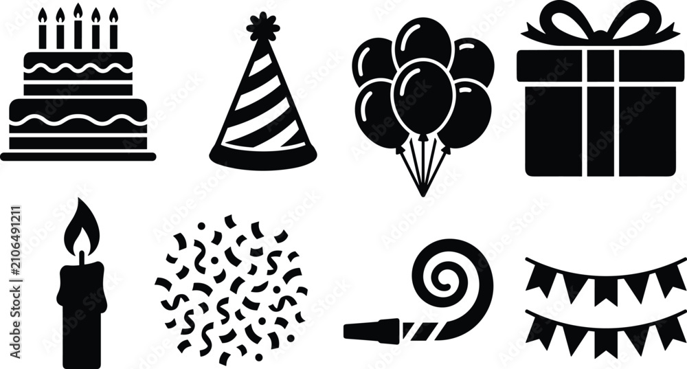 Fototapeta premium Party and Celebration Silhouette Icons with Cake, Hat, Balloons, Gift, Candle, Confetti, Blower, and Pennant Banners