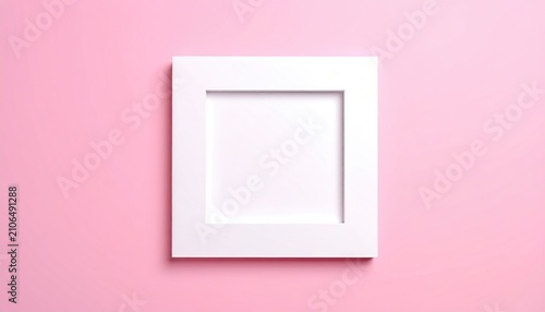 White rectangular frame with a square window against a pastel pink background