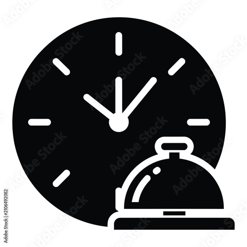 Hotel reception bell icon with clock time symbol
