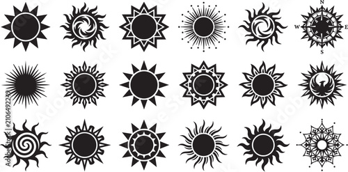 Set of fourteen unique sun icons and celestial symbols in black and white for logo design and graphic illustrations