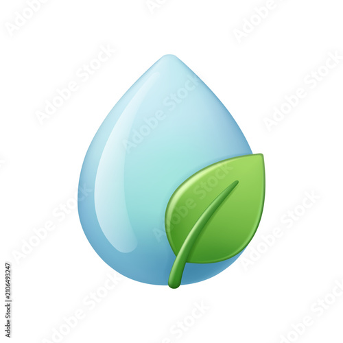 3D glossy water drop with green leaves. Vector icons representing ecology, pure water, natural cosmetics, organic products and nature conservation.