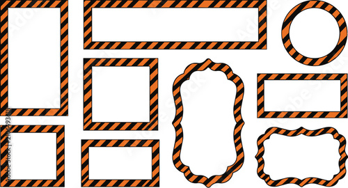 Collection of various geometric picture frames with orange and black diagonal hazard warning stripes, industrial style