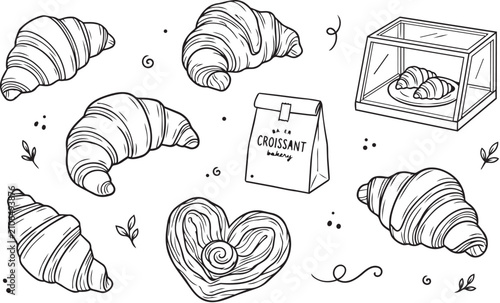 Hand drawn set of delicious croissants and bakery items in a doodle style for cafe menu or food packaging design elements