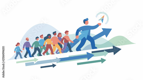 Diverse group of people walk forward led by a figure with a compass