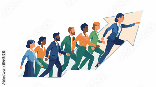 Diverse group of professionals ascending an upward-trending arrow