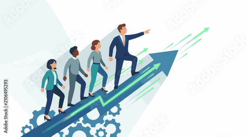Diverse group of professionals climbing upward on arrow graph with gears