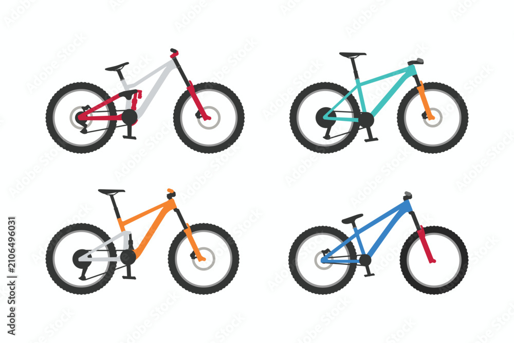 Fototapeta premium Mountain bike colorful modern flat style icons set. Downhill, cross country, dirt jump, enduro bike symbol logo icon collections