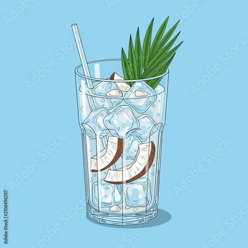 Refreshing coconut water drink with ice, coconut pieces, straw, and palm leaf garnish on a light blue background.