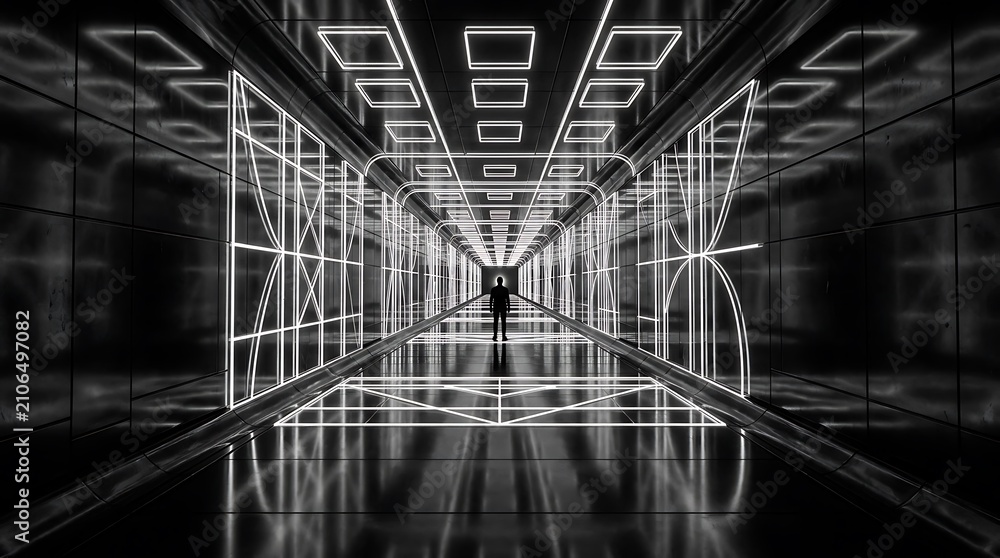Obraz premium Futuristic neon tunnel with silhouette a digital art exploration of light and perspective