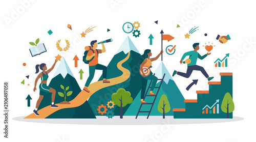 Diverse individuals climb mountains and stairs towards goals