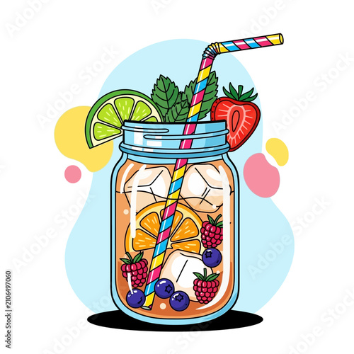 Vibrant cartoon illustration of a refreshing fruit-infused iced tea in a mason jar with a colorful straw, garnished with berries, lime, orange, and mint.