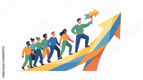 Diverse people climb colorful abstract upward arrow graphic