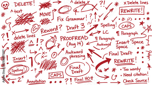 Handwritten proofreading and editing marks with red ink on white paper for academic writing, grammar, and text correction