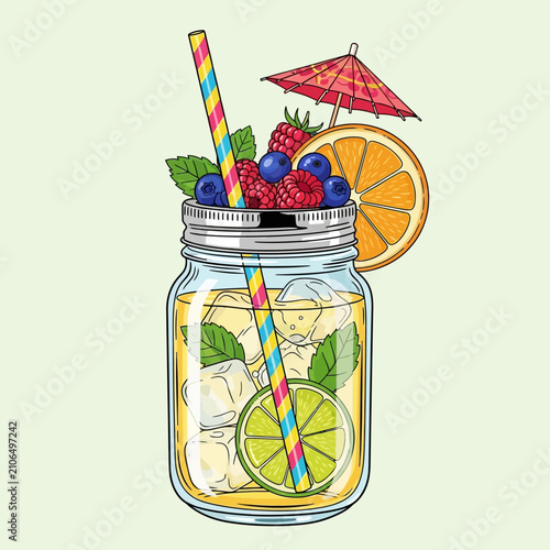 Refreshing summer drink in a mason jar with berries, orange, lime, and mint, garnished with a colorful straw and a small umbrella.