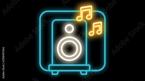 Neon Speaker Icon with Musi...