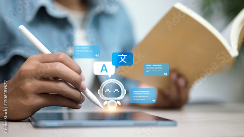 Cuadro en lienzo Artificial Intelligence Language Translation Assistant on Tablet for Multilingua
