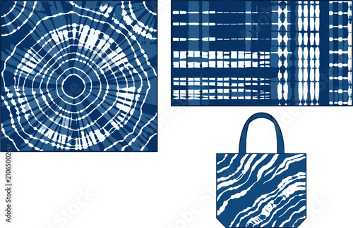 Traditional Shibori and Indigo Tie Dye Vector Set Featuring Circular Spiral Fabric Pattern Linear Resist Indigo Canvas and Matching Patterned Tote Bag