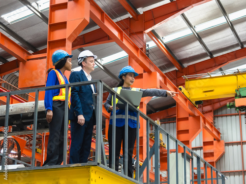 low-angle shot diverse team multiethnic factory manager and engineer stand on an elevated platform use laptop and point inspect heavy machinery operation inside modern steel manufacturing facility.