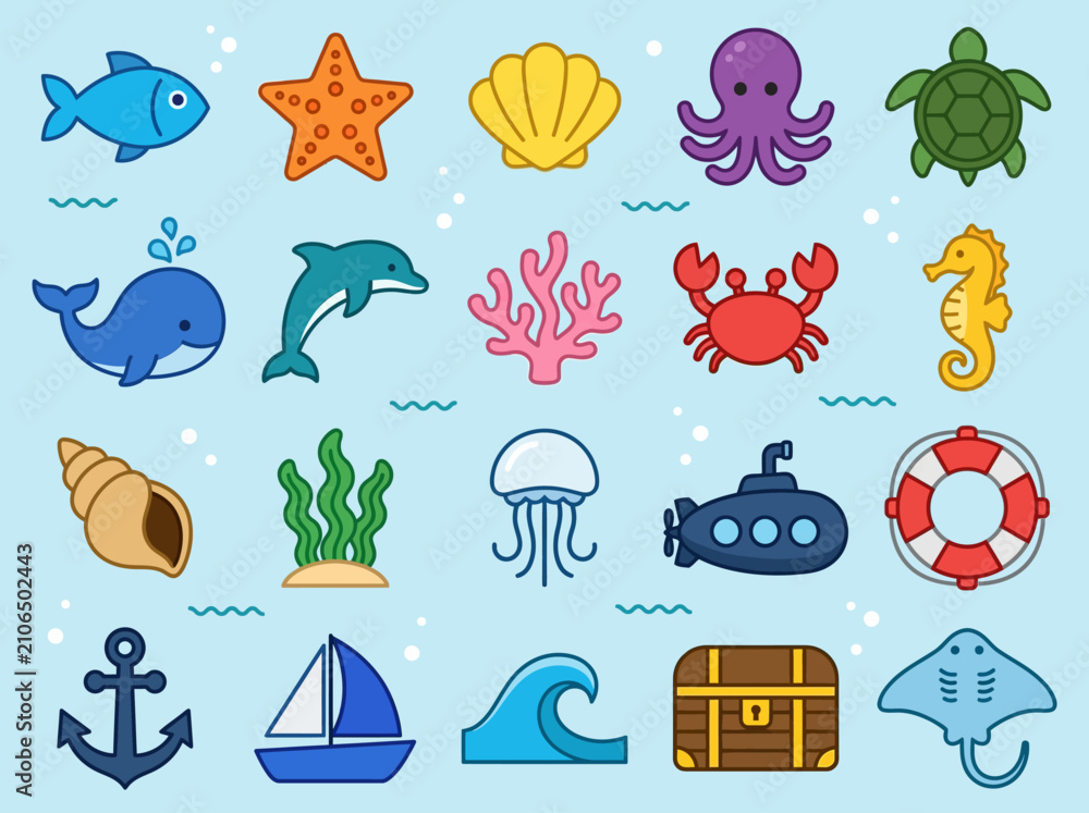 Fototapeta premium Flat Sea Life and Nautical Icon Set with Ocean Animals and Marine Symbols