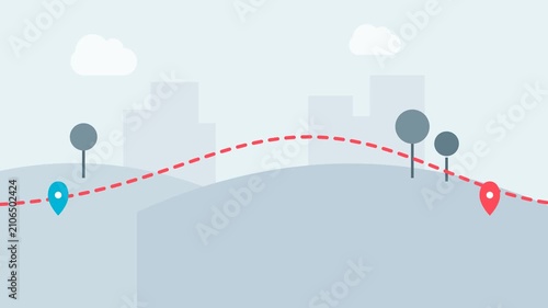 Stylized navigation route with red and blue map pins isolated on a white background