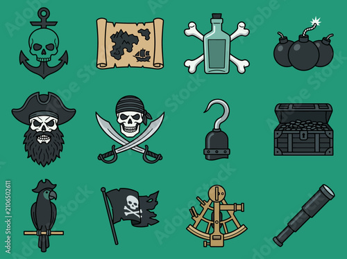 Картината върху платно Pirate Adventure Icon Set with Skull, Treasure Map, and Nautical Symbols