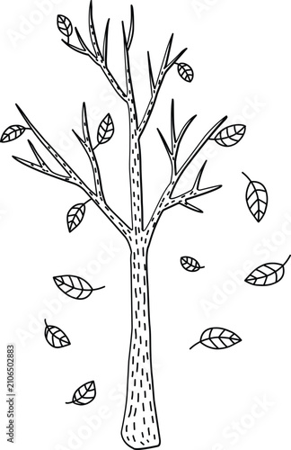 Hand-Drawn Vector Autumn Tree Clipart - Authentic Line Art with Falling Leaves and Textured Bark for Coloring Pages. The stroke width is non-editable and cannot be changed using the Stroke panel
