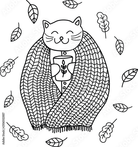 Cute Cozy Cat in Knitted Blanket with Mug Vector Illustration - Hand-Drawn Black and White Autumn Line Art Pet for Coloring Page. The stroke width is non-editable and cannot be changed.