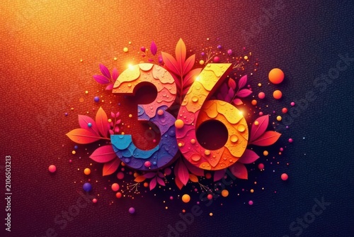 Vibrant Number Thirty-Six with Dewdrops and Autumn Leaves on a Textured Background