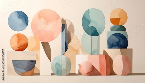 Abstract, watercolor shapes, circles, rectangles, and cylinders in pastel hues against a tan background