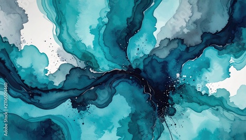 Watercolor abstract; blue and teal flow from a dark center, suggesting water or sky. Airy, dreamy, ethereal design