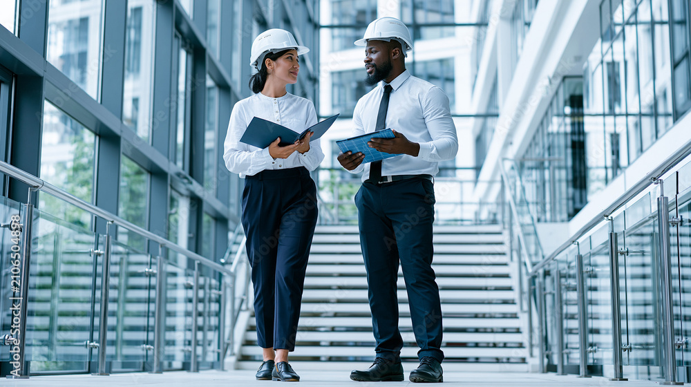 Fototapeta premium Two Architects Discussing Building Plans: A male and female architect, wearing hard hats and holding clipboards, converse on a modern staircase inside a sleek building.