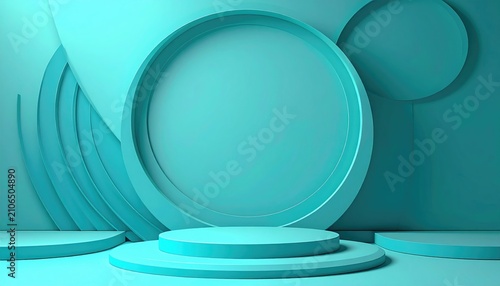 A cyan-colored, minimalist stage with geometric shapes, including circles, and rounded platforms for presentation