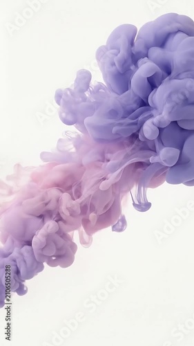 Abstract animated sequence of swirling pastel purple and pink smoke clouds drifting through a minimalist white background