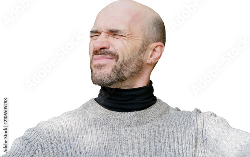 Fotografía Bald Middle Aged Man Grimacing with Eyes Closed in Pain or Disgust Isolated on W