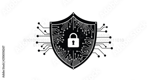 Shield Silhouette With Padlock And Circuitry Black On White