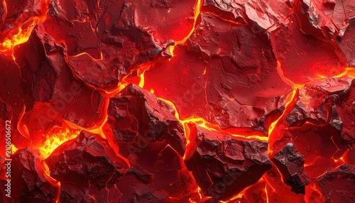Textured, hot surface, dark red, with vibrant orange light emitting from cracks and crevices underneath the rocky form