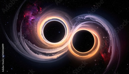 Two black holes merging, depicted with swirling light and space dust, creating a cosmic dance
