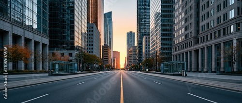 Symmetrical urban boulevard stretches toward a glowing golden sunset framed by glass skyscrapers. Perfect for real estate, infrastructure, travel, or corporate campaigns evoking ambition.