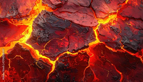 Fractured, hot earth surface, orange glows in deep crevices, textured abstract scenery, close-up perspective