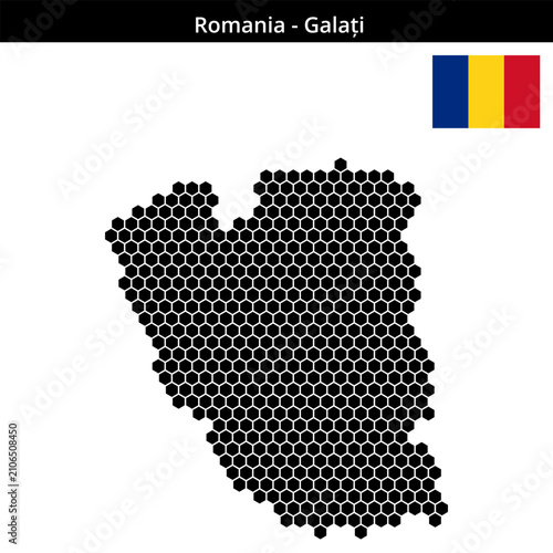 Photography Map of Romania region Galați in medium hexagonal dots