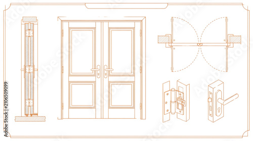 Double Hinged Door CAD Blueprint Collection with Lock Detail Side View Architectural Technical Drawing Vector Set