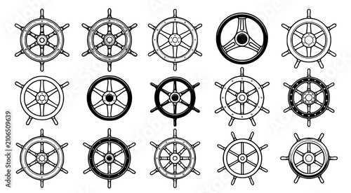 Set of nautical ship steering wheels and helm designs in various styles and configurations for maritime and boating equipment as black and white vector illustrations